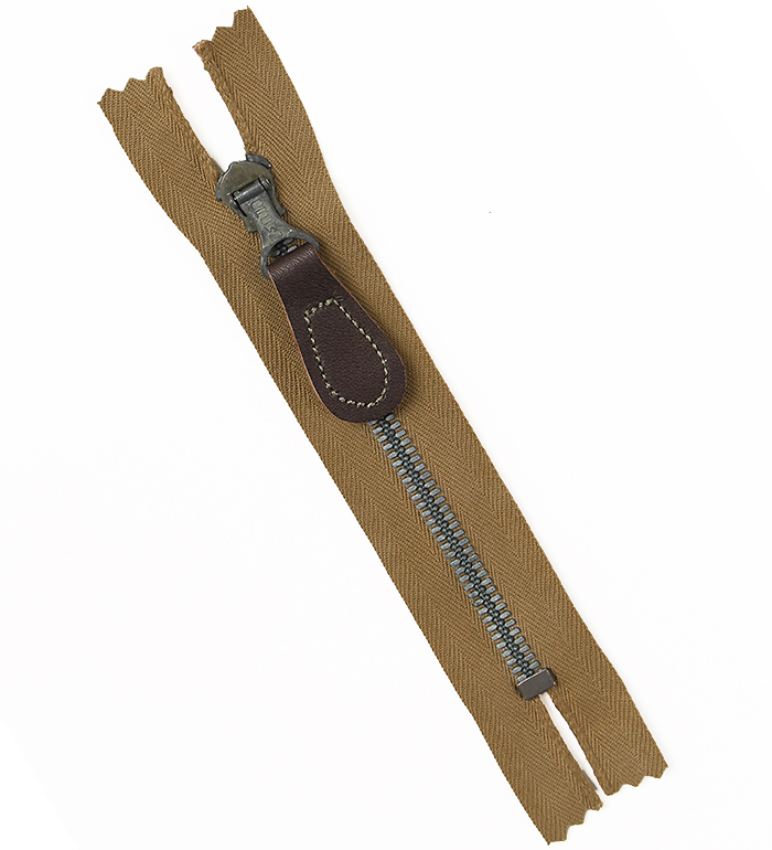 Crown 2nd Model Non-Separating Zipper, #5, Spring-Locking Slider, Tan Tape(dyed), w/Leather Tab, 12.5cm, NOS