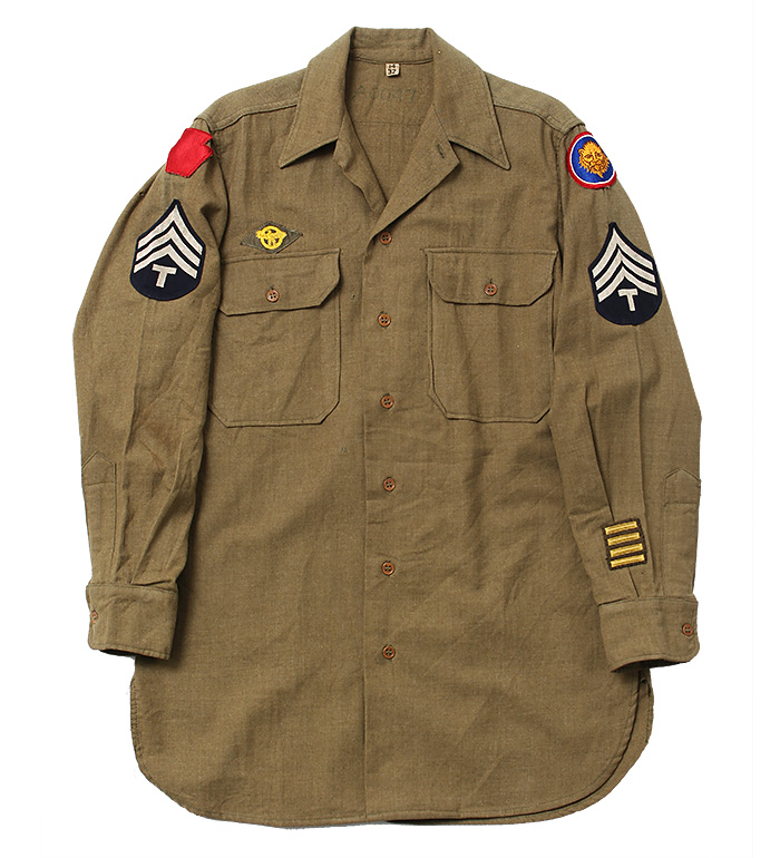 US ARMY(米陸軍) WWII ウール マスタードシャツ/各種インシグニア付/サイズ：14-32/実物・極上